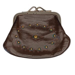 Vintage Brown Leather Coin Purse Silver Kiss Lock W/ Studs Genuine Bull Cowhide
